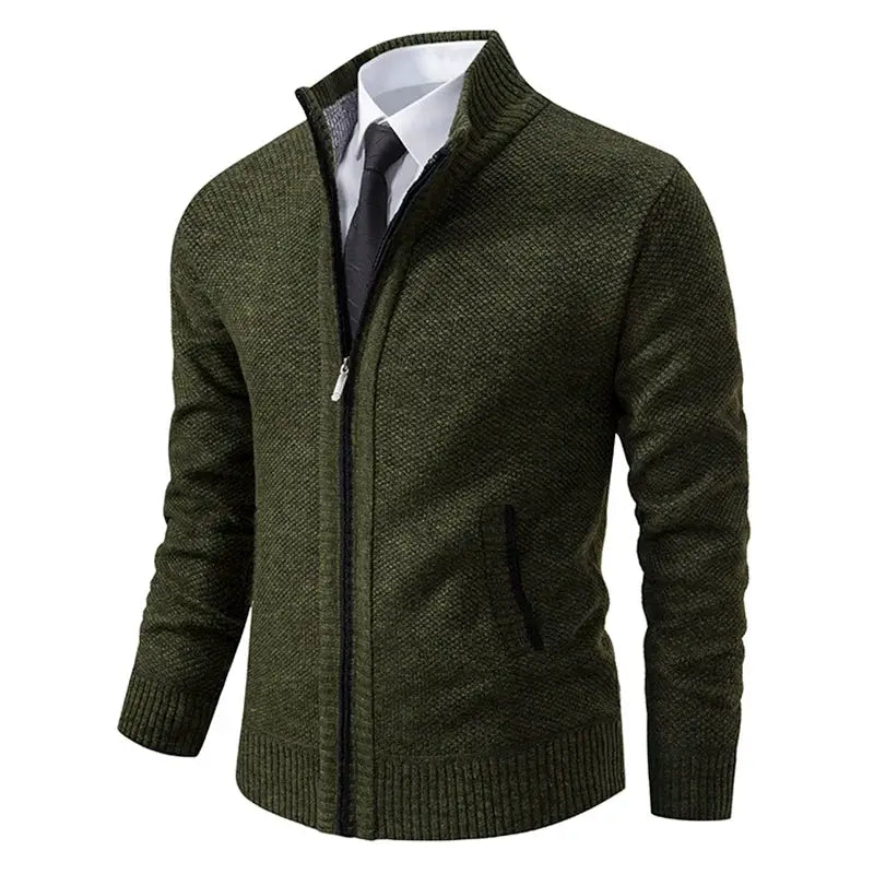 Men's relaxed fit casual sports coat in olive green knit with full zipper, stand collar and ribbed cuffs
