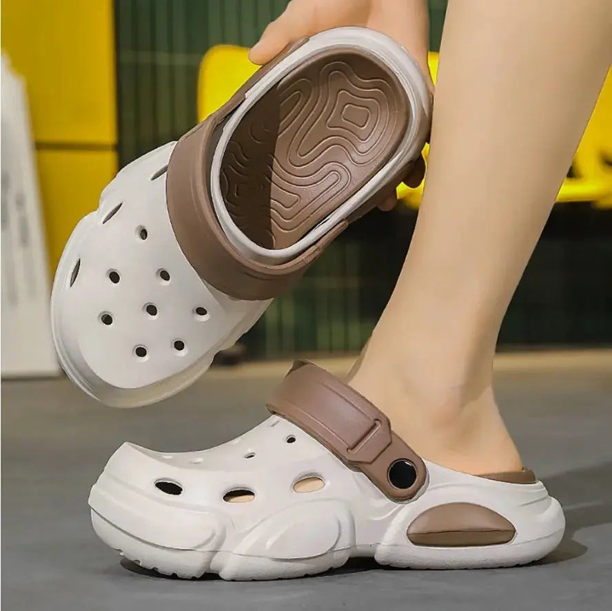 AeroStep CloudSoft men's slippers, white with brown adjustable strap and breathable perforated upper