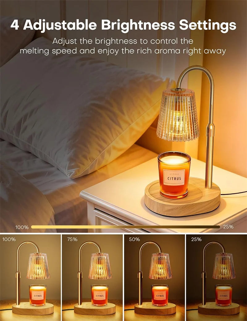 Candle warmer lamp with adjustable height and timer dimmer; wooden base, glass shade, Citrus jar candle