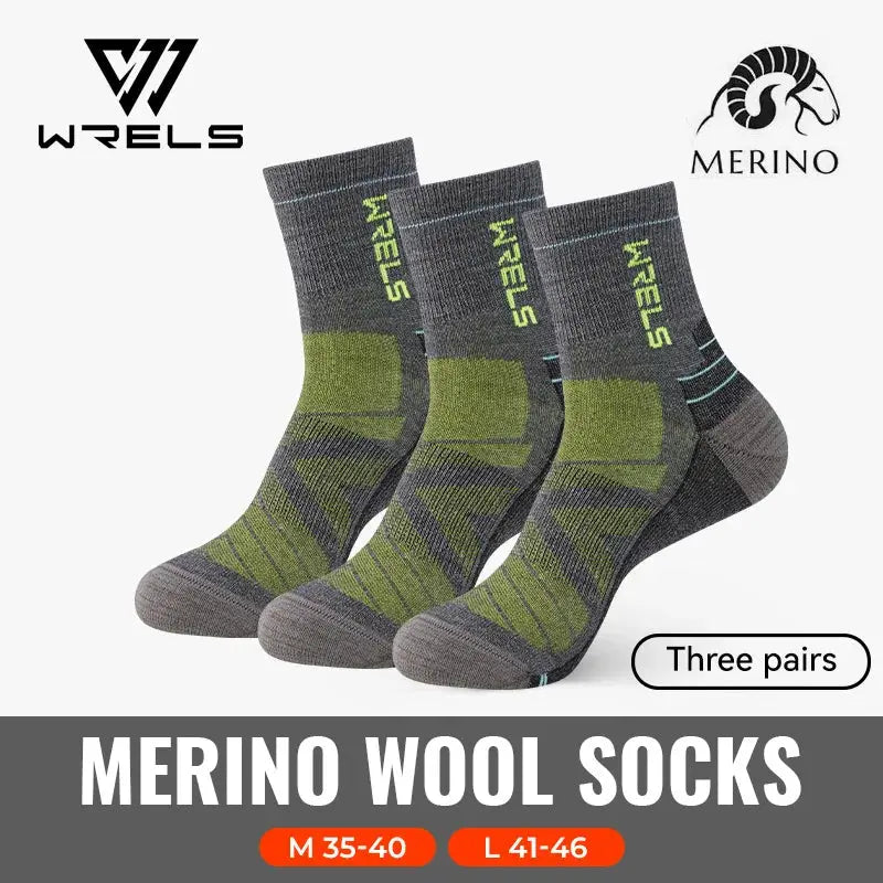 WRELS merino wool socks, three pairs in grey with green accents; thermal, hiking-style