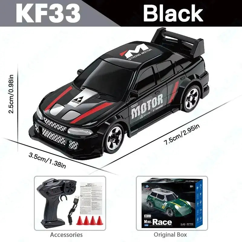 KF20 1/64 High Speed Drift RC Car, black with red accents, 4WD remote control, includes accessories and original box