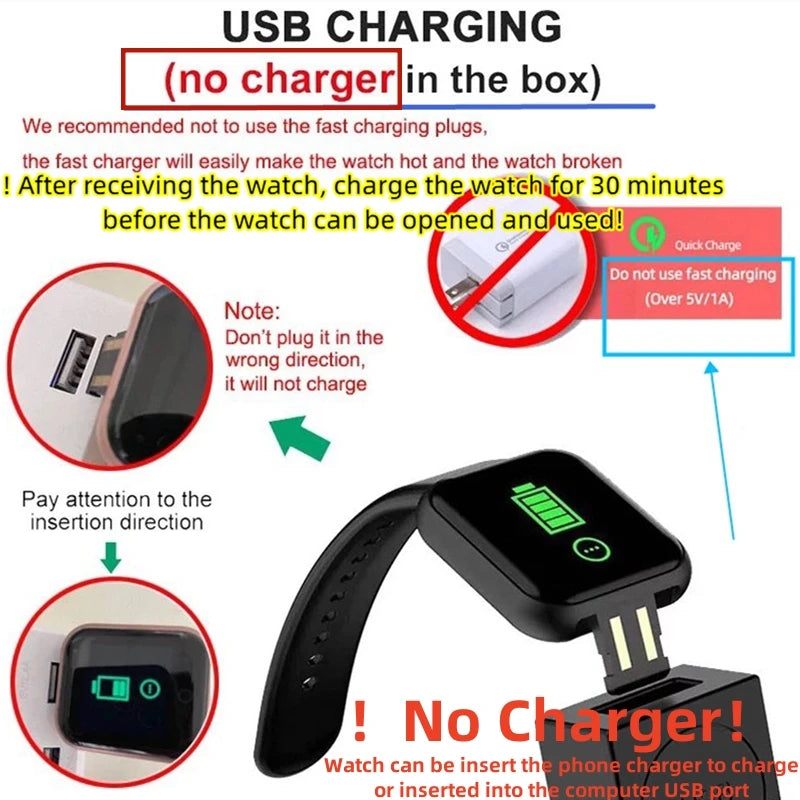Smartwatch with black strap; USB charging diagram noting no charger in the box