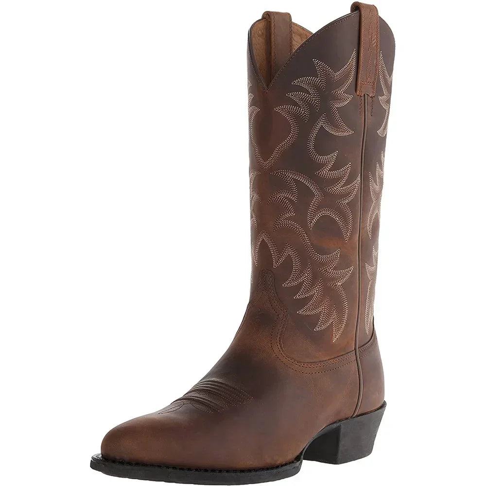 Handmade Men Cowboy Boots, brown leather with decorative white stitching, PrimeCanada.Store