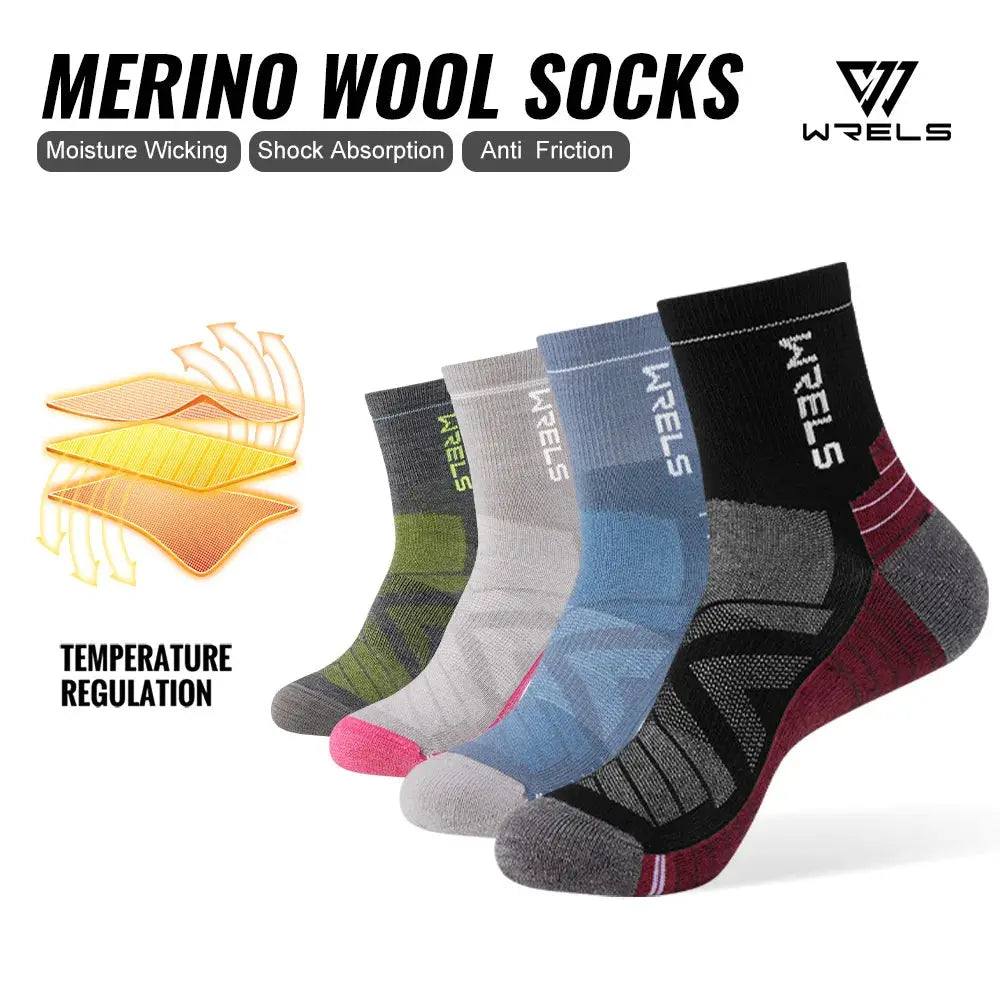WRELS merino wool socks, thermal hiking socks, 5 pairs in assorted colors (green, gray, light blue, blue, black)