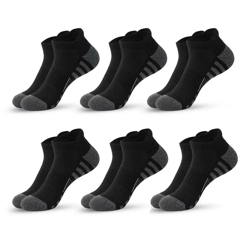Breathable cushioned athletic ankle socks, 6 pairs, black with gray toes and heels for daily use