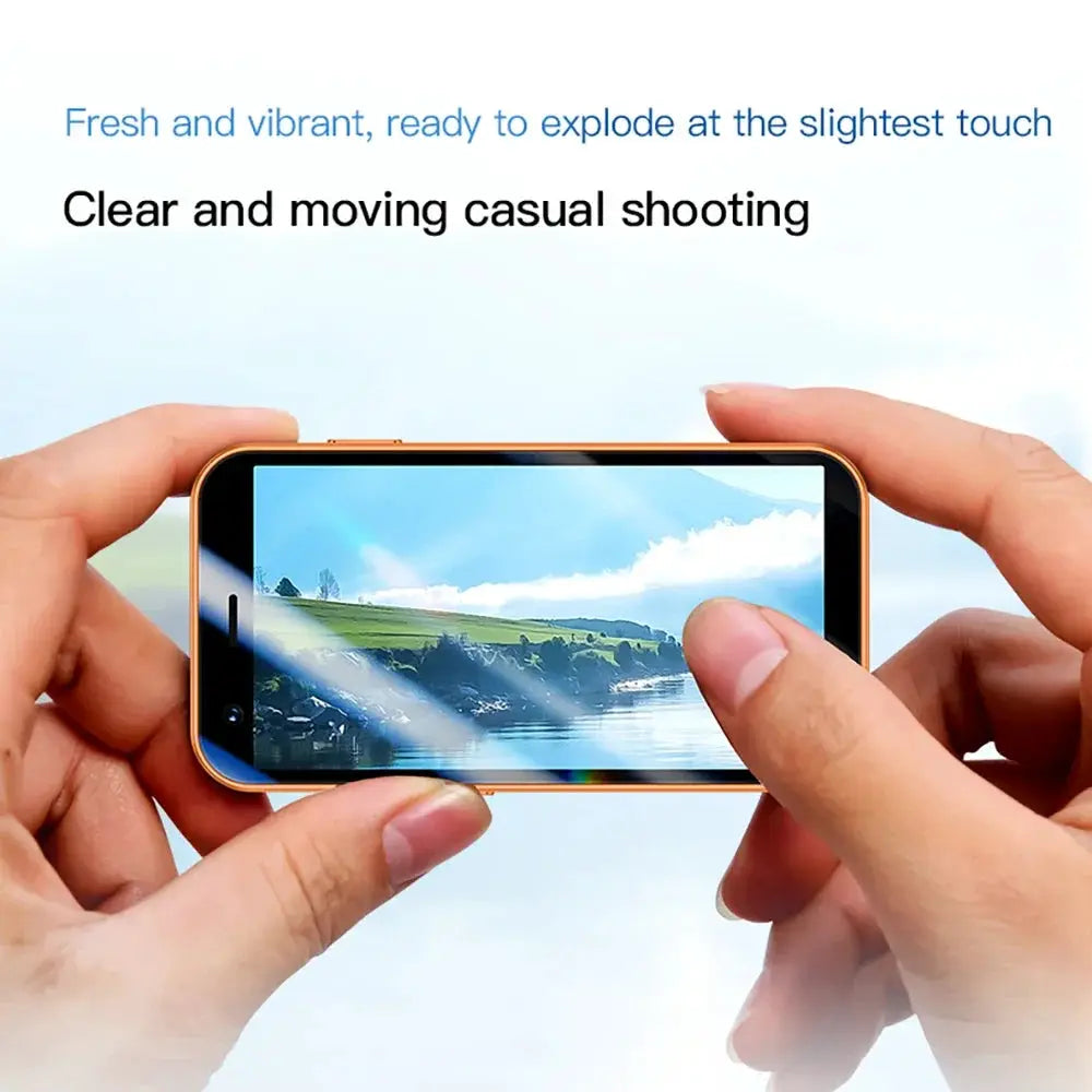 ONEMYTH A17 mini Android phone, orange-gold, 3.0-inch screen held in hands