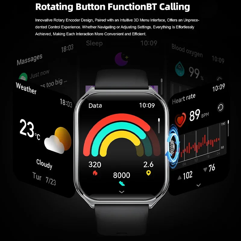Ultra Thin AMOLED smartwatch with Bluetooth calling; black strap and colorful fitness dashboard