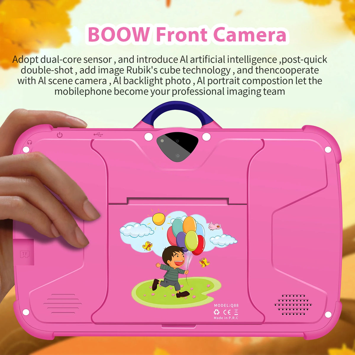 New Cartoon Pattern Kids Tablet 7 Inch, pink body with cartoon artwork and front camera