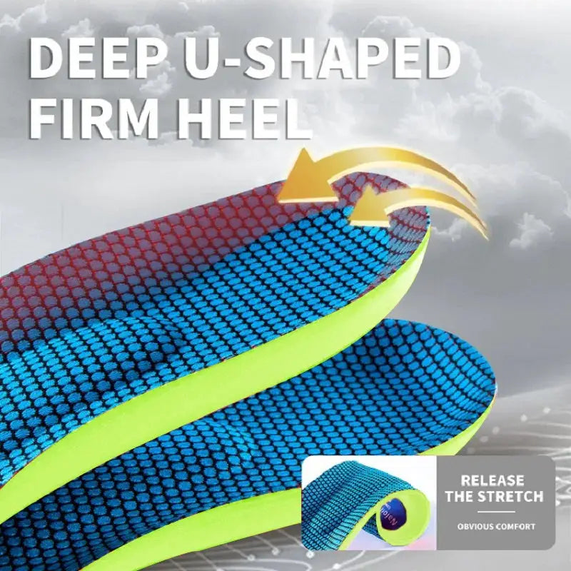 Orthopedic insoles for shoes; blue dotted surface with neon edge, arch support and heel cushion, PrimeCanada.Store.