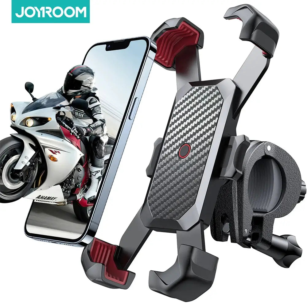 Joyroom bike phone holder, universal bicycle mount for 4.7-7-inch phones, 360-degree rotatable, carbon fiber panel.