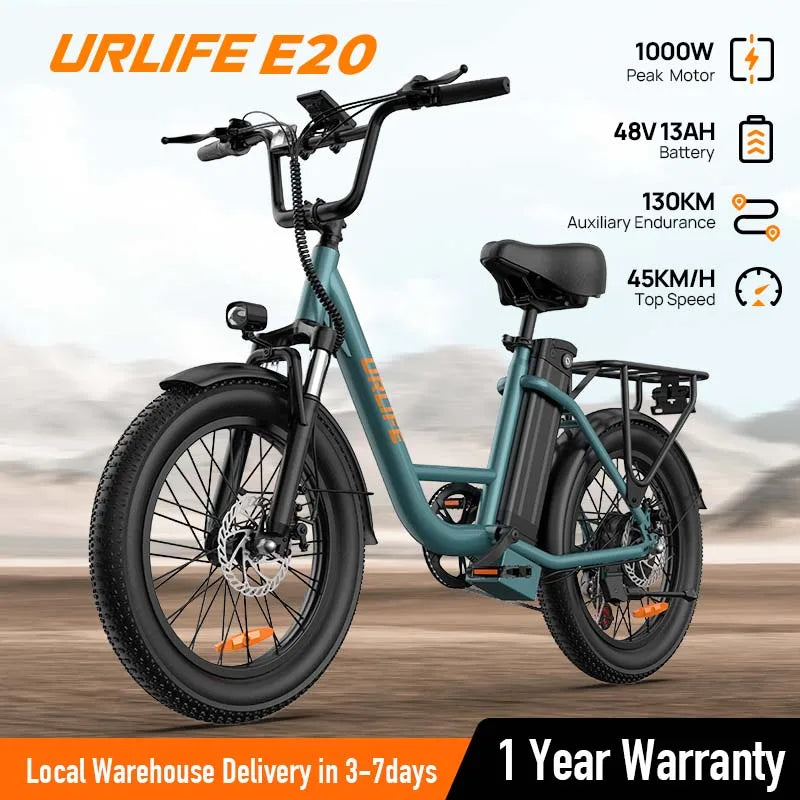 URLIFE E20 1000W electric bike in teal with fat tires and integrated battery