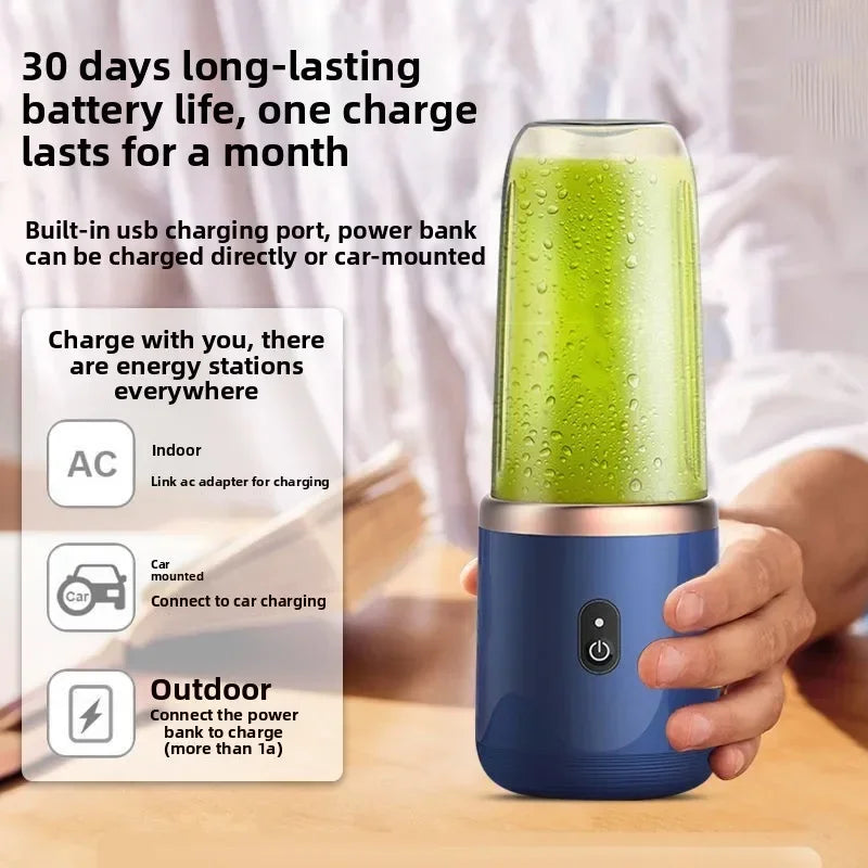Portable USB rechargeable 6-blade personal fruit juice blender, blue base with green bottle