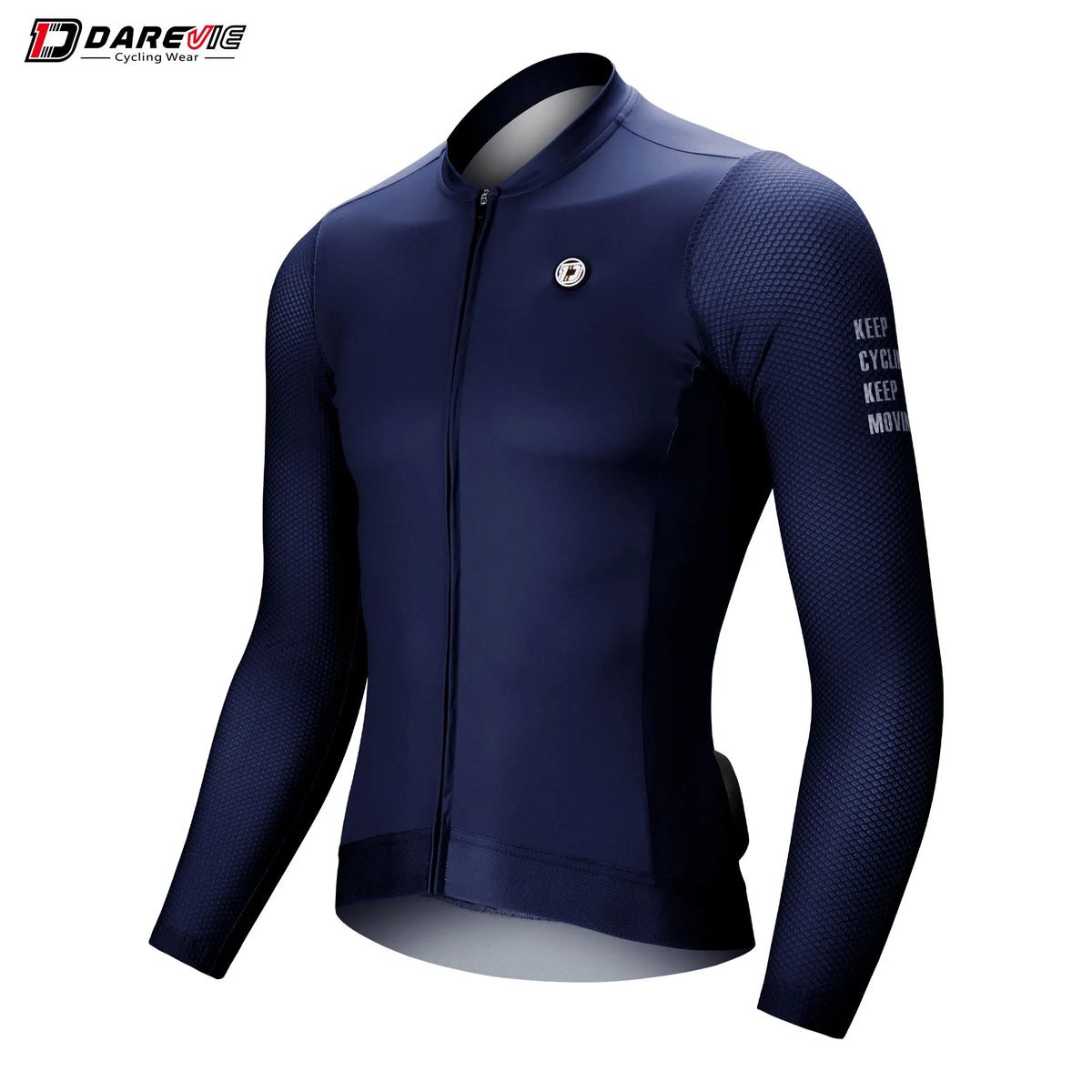 DAREVIE navy long-sleeve cycling jersey with front zipper and SPF 50 protection.