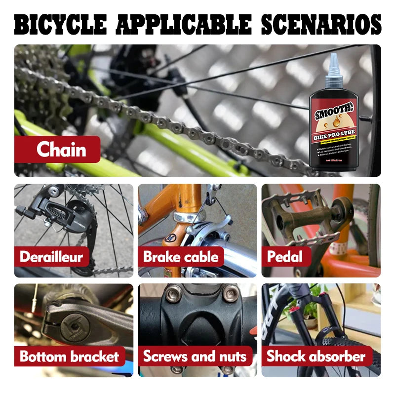 125ml PrimeCanada.Store bicycle chain lubricant black bottle shown with chain, derailleur, brake cable, pedal.