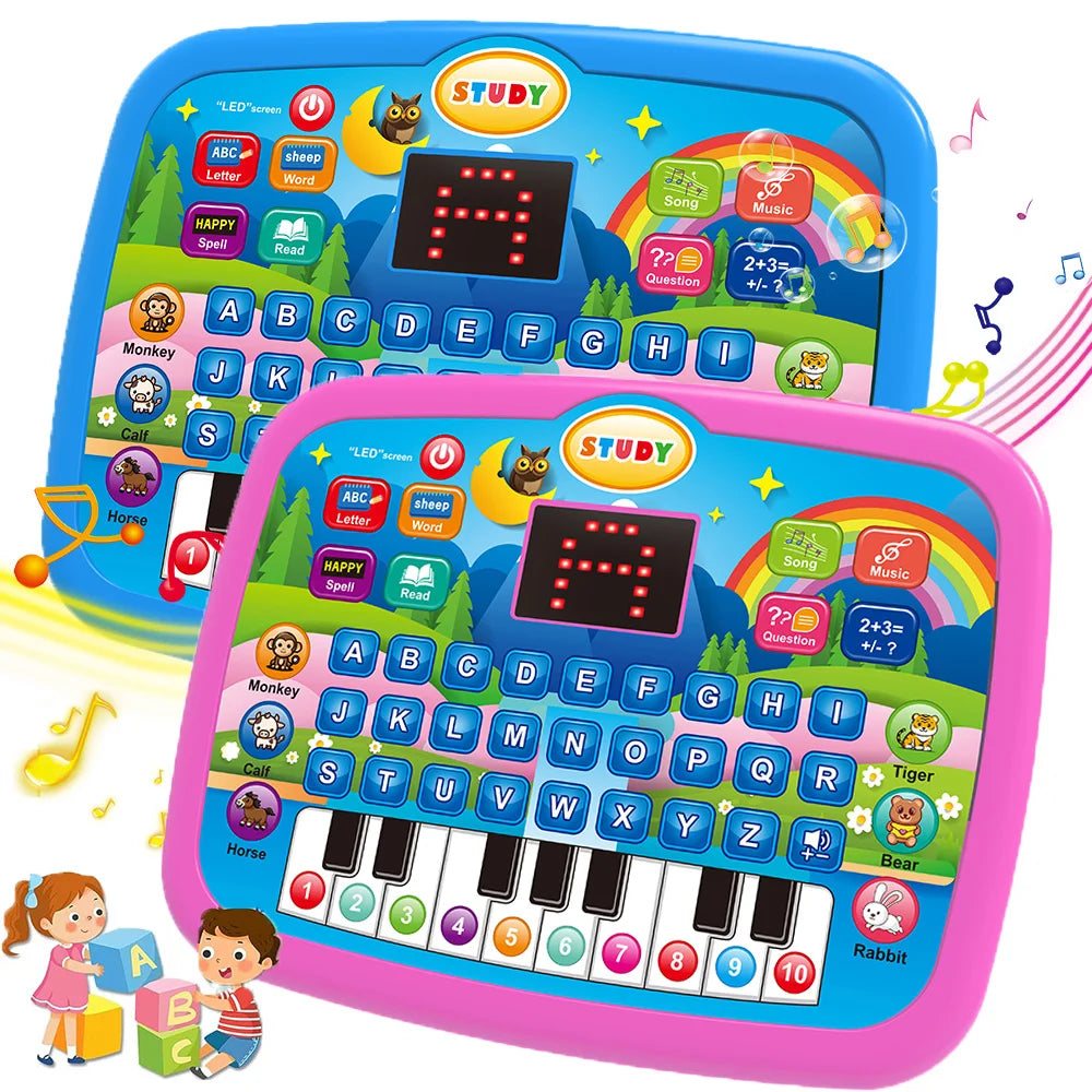 Kids’ Education Tablet Toy set of 2 with blue and pink frames, alphabet keyboard and learning icons.