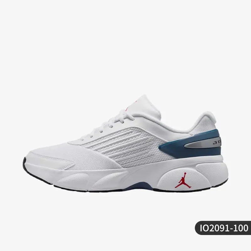 Jordan men's white low-top cushioned sneakers with blue heel panel and red Jumpman logo