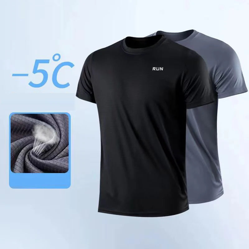 Moisture-wicking gym shirt for men, black front and gray back, two-pack with RUN logo.