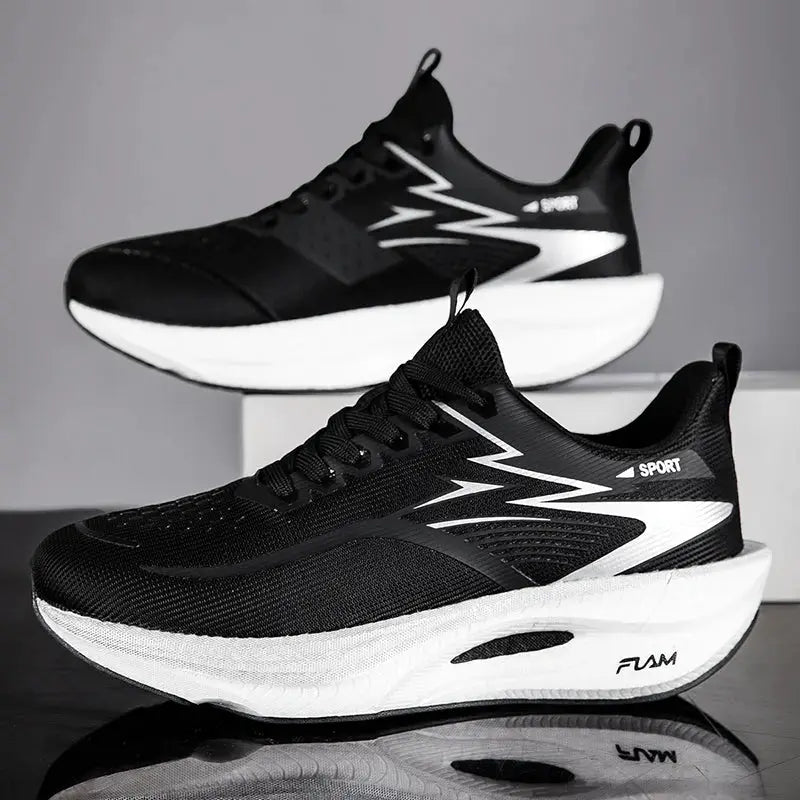 Apexrun Elite carbon plate running shoes, 2 black shoes shown with breathable upper and white midsole