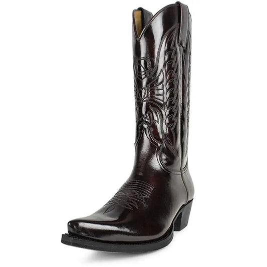 Men's western cowboy boots in black patent leather with pointed toe, high heel, and decorative embroidered shaft.