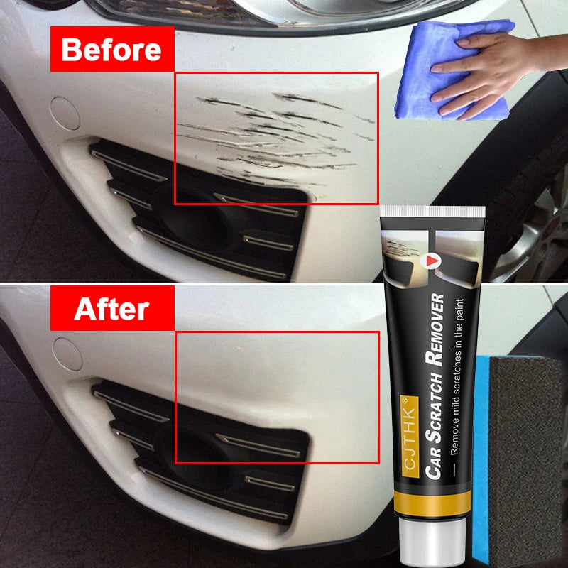 Car scratch remover tube; before and after repair on white bumper with black-yellow packaging