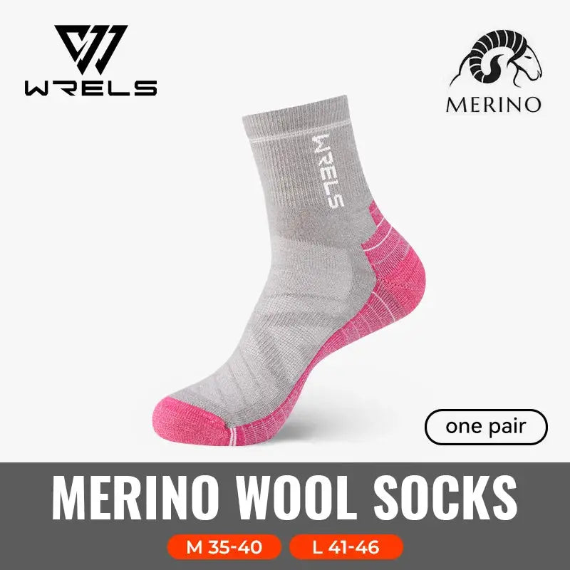 WRELS merino wool socks, gray with pink heel and toe, one pair, thermal hiking socks
