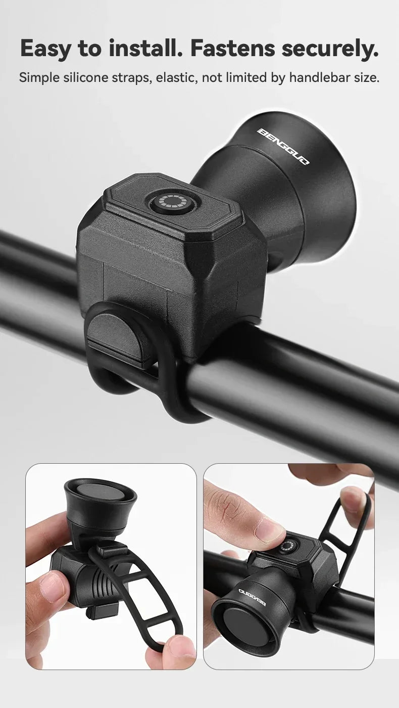Bicycle horn bell on handlebar mount; black USB-rechargeable waterproof electronic bell.
