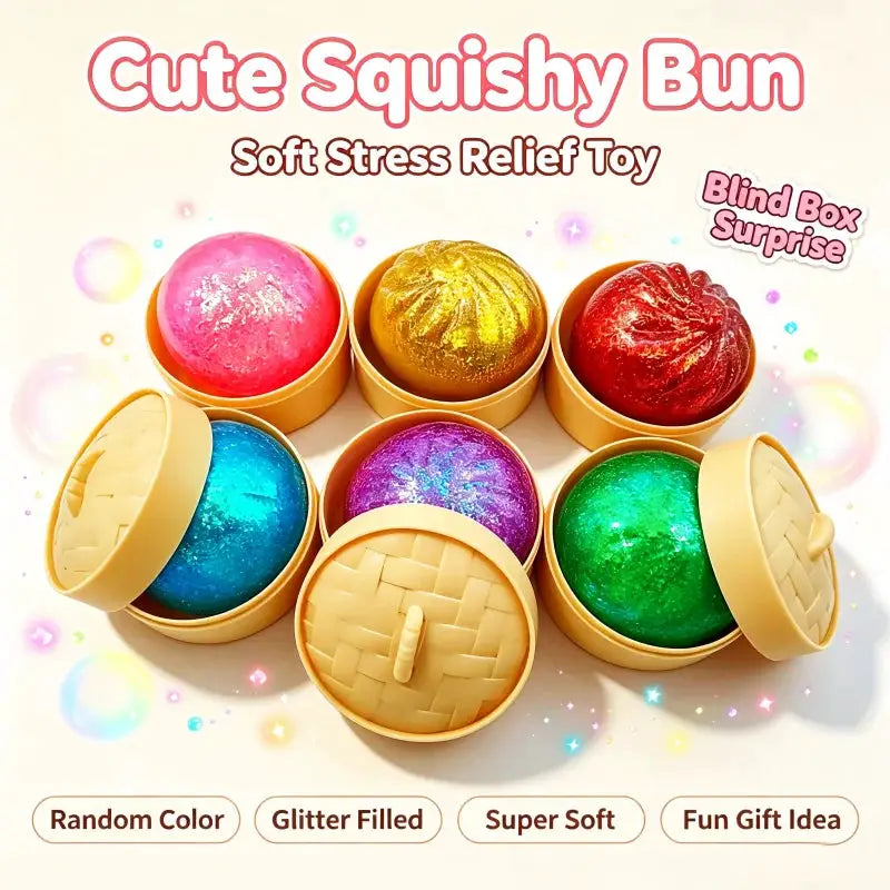 Mini squeeze stress-relief dumplings in six colorful boxes, glitter-filled and soft