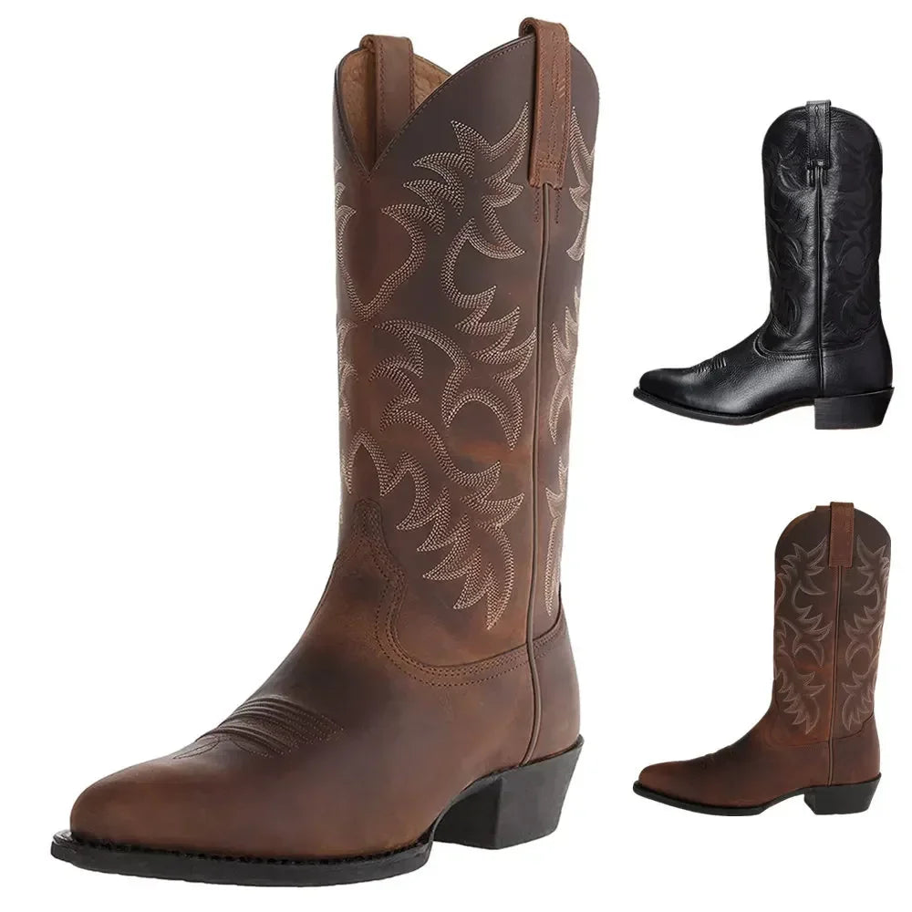 Handmade men's cowboy boots; brown leather with decorative stitching, plus black and lighter brown styles (3 styles)