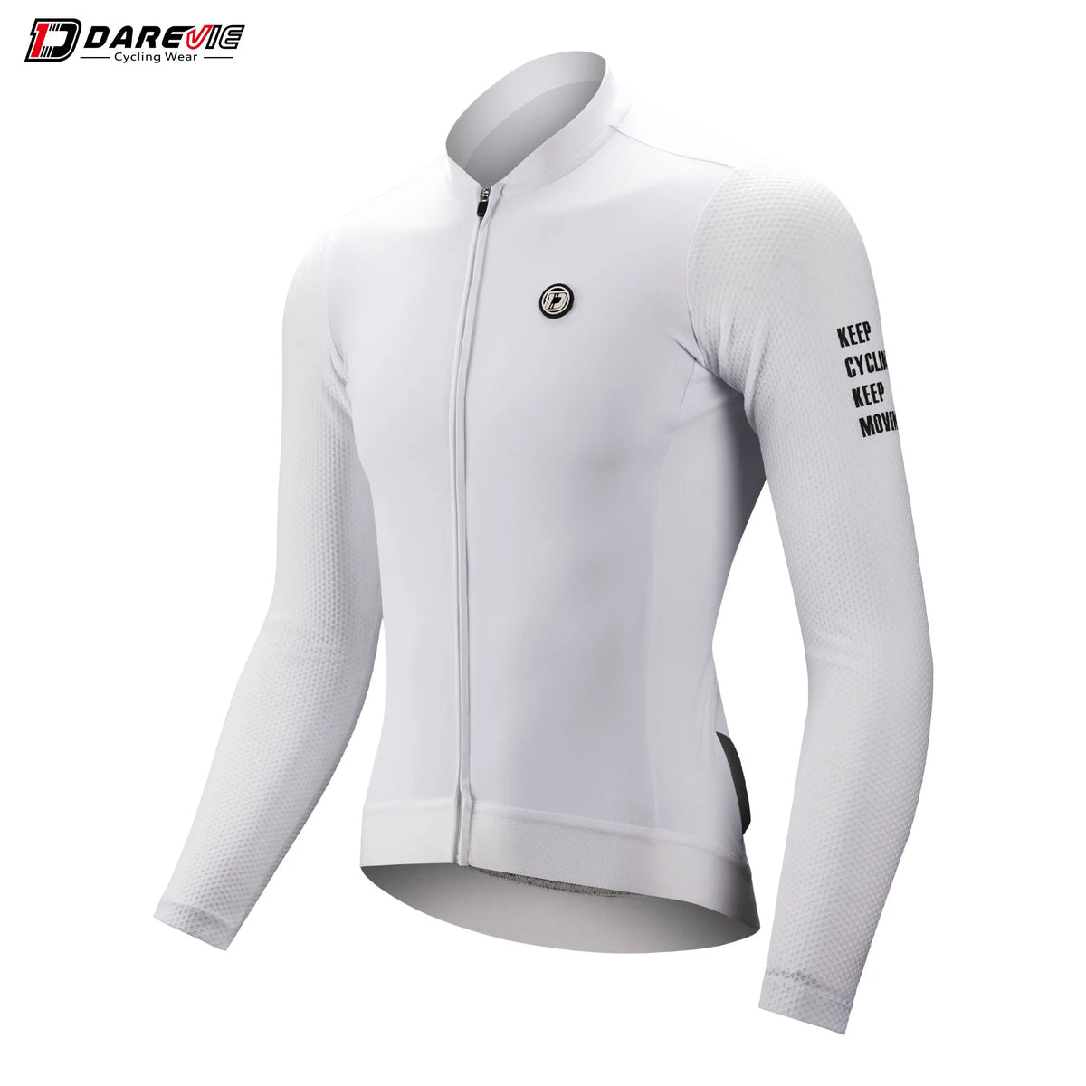 DAREVIE white long-sleeve cycling jersey with SPF 50 protection, full-zip front, and breathable mesh sleeves.