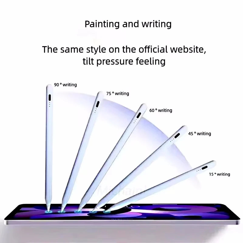 Universal stylus pen set, five silver pens displayed over a tablet for tablets and smartphones