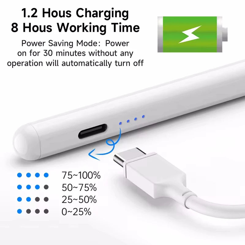 Universal stylus pen, white, with USB-C charging connector for tablets and smartphones.