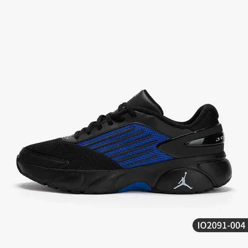 Jordan men's low-top cushioned casual shoes IO2091-101 in black with blue accents and white Jumpman logo on outer side