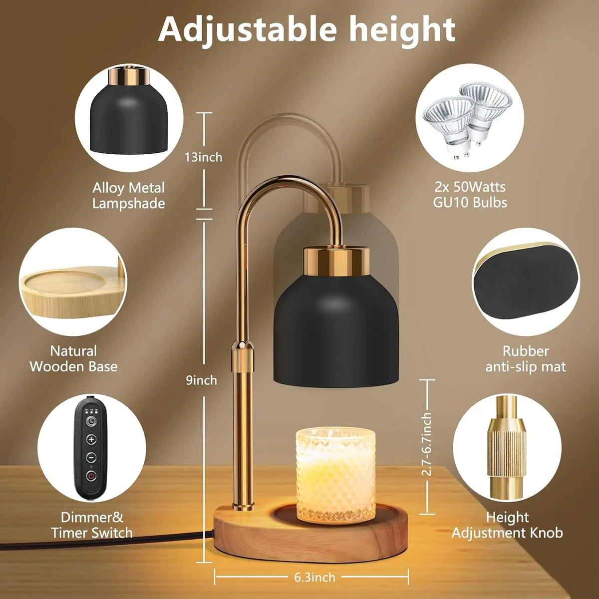 Candle warmer lamp with two 50W GU10 bulbs, adjustable height, black metal shade and wooden base by PrimeCanada.Store