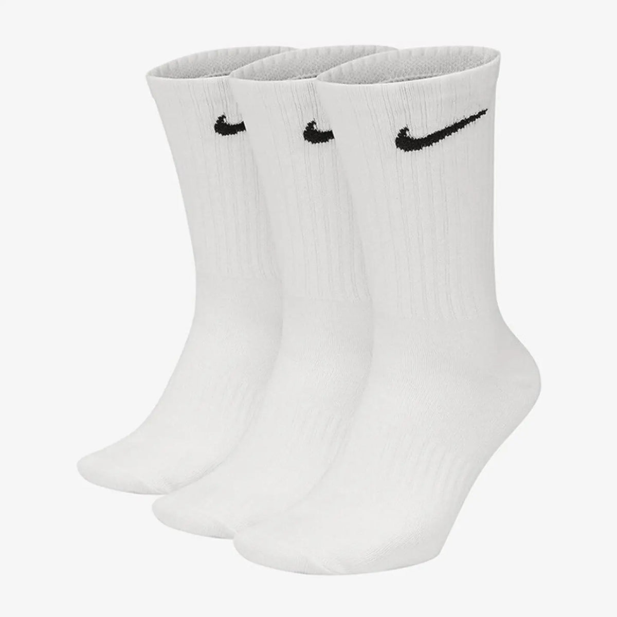 Nike 3-pack short-cuff basketball socks, white with black swoosh; two shown