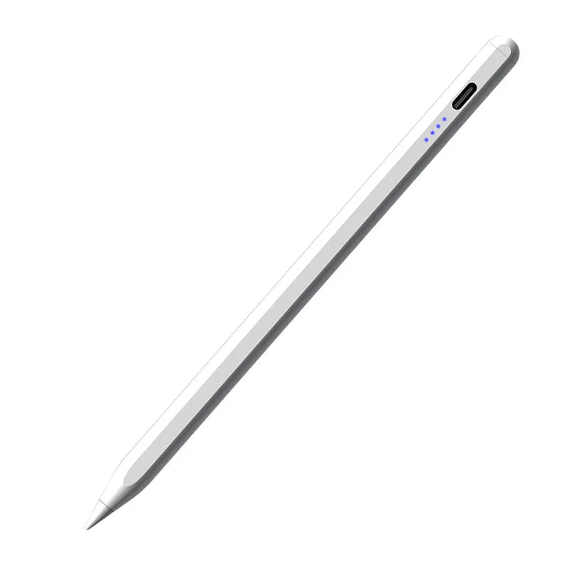 Universal stylus pen for tablets and smartphones, white and silver with blue indicator dots.