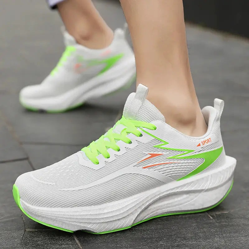 Apexrun Elite Carbon Plate running shoes pair with breathable upper, white mesh and neon green accents and laces