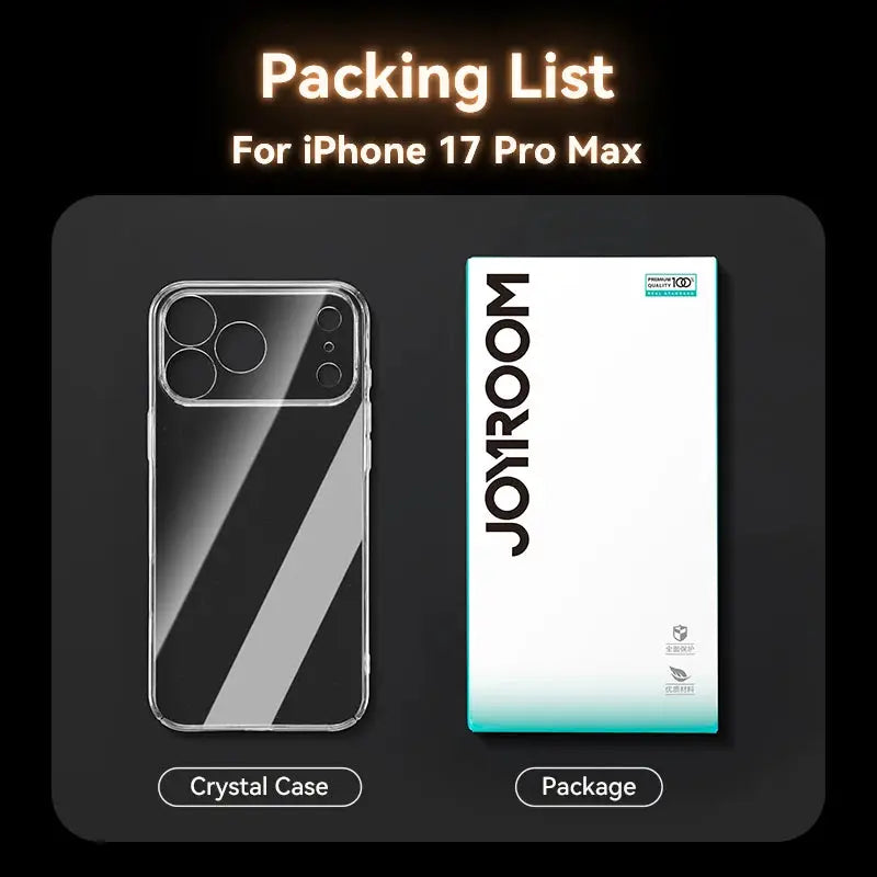 Joyroom crystal-clear iPhone 18 Pro Max case with anti-yellow lens protection; 2 items shown.