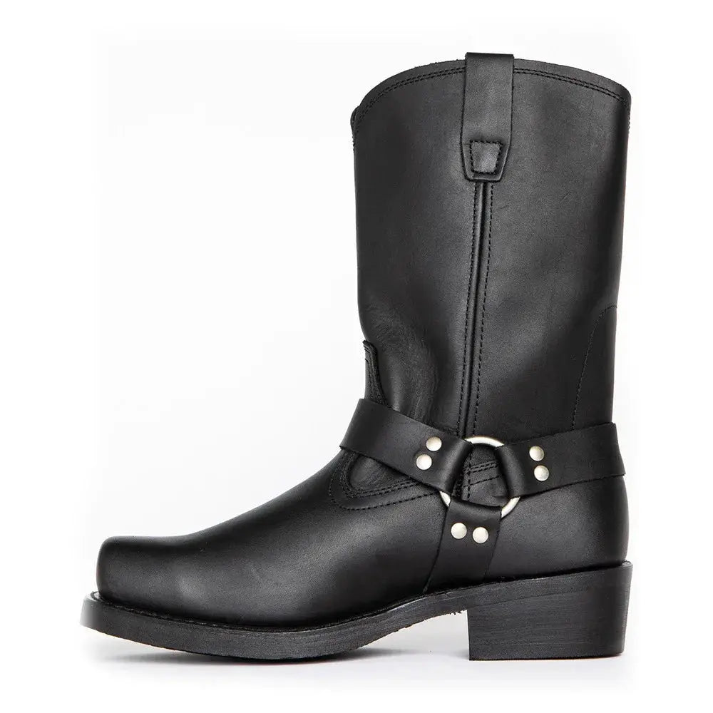Cowboy boots in black leather with decorative ankle strap, ring detail, and rivet accents, mid-heel