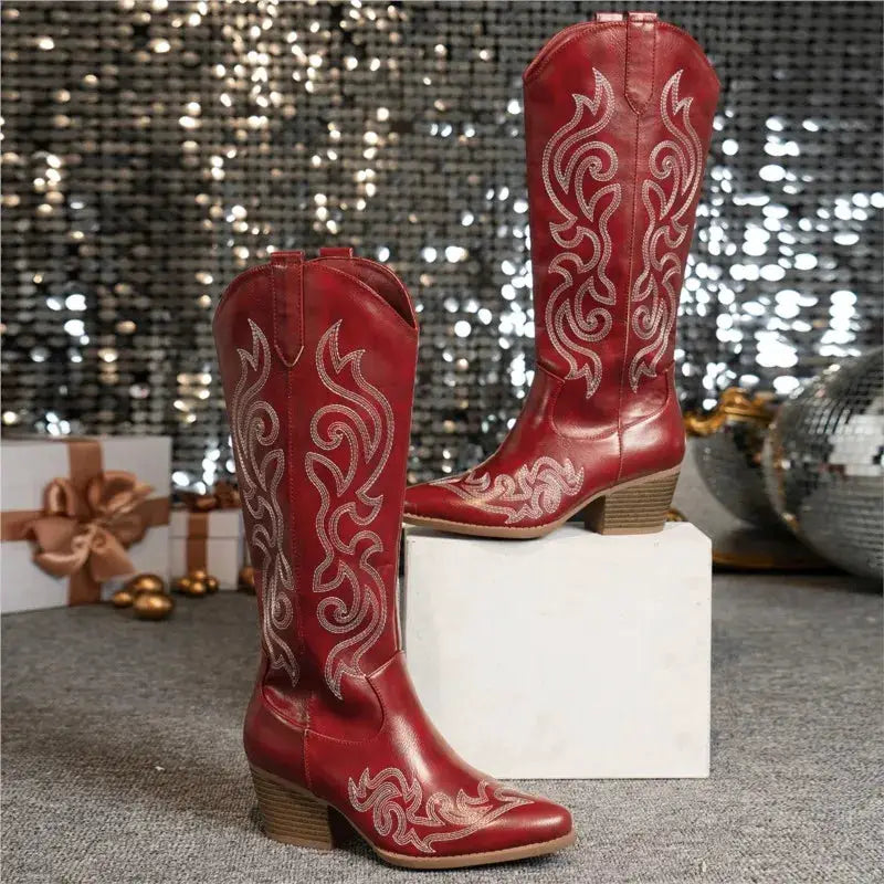Women retro western embroidered cowboy boots by PrimeCanada.Store, red leather with white embroidery, pair
