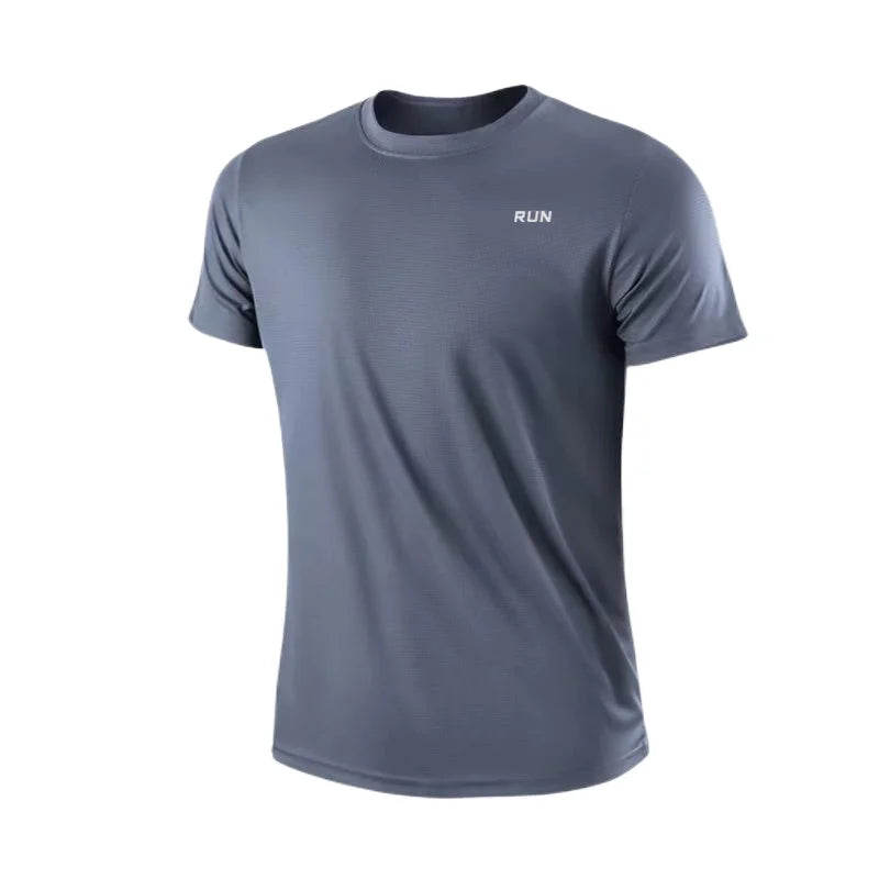Moisture Wicking Gym Shirt for Men, gray T-shirt with RUN logo