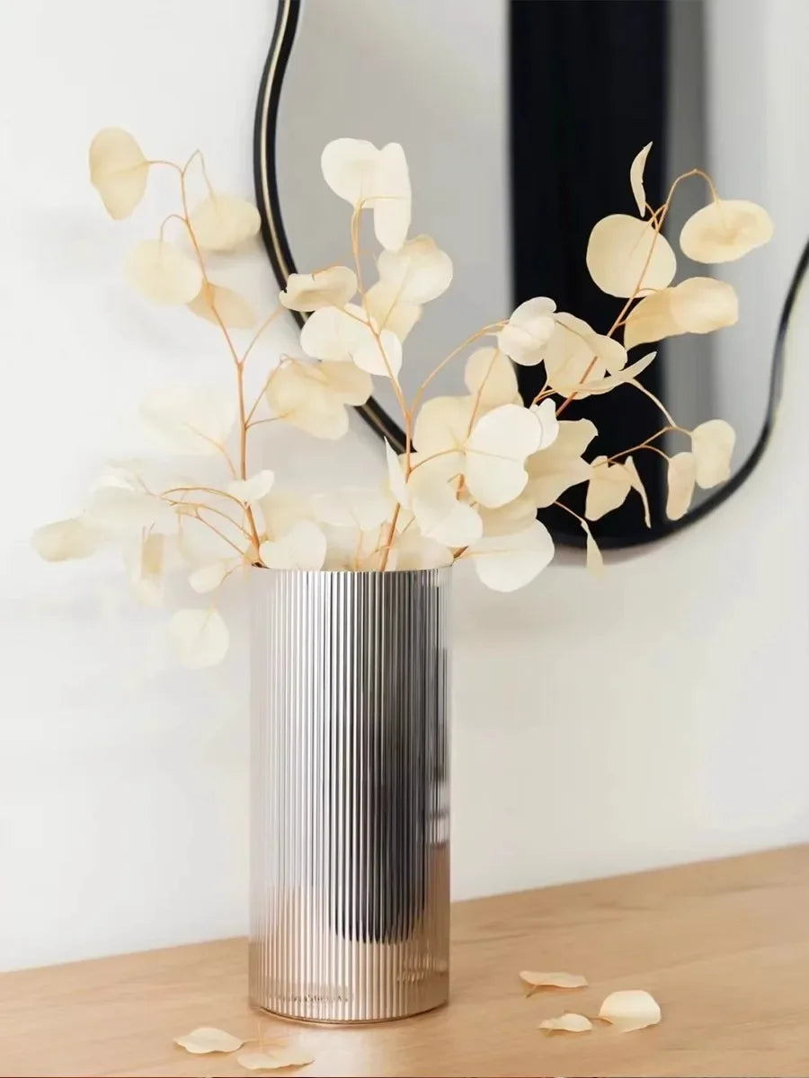 Stainless steel ribbed vase with white dried stems, Nordic design home decor