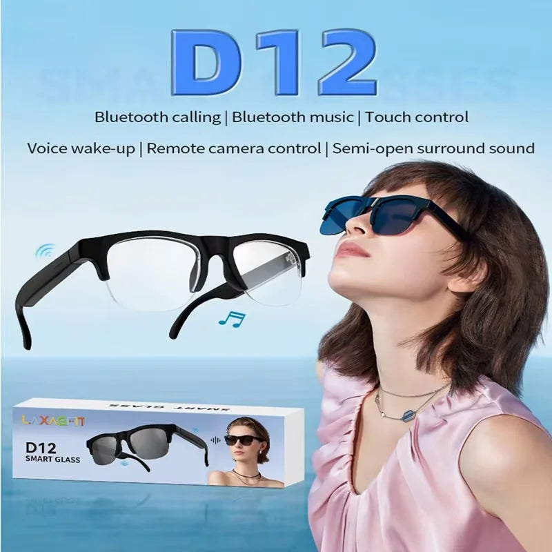 Lenovo AI Smart Audio Sunglasses with Bluetooth voice control; model wearing blue-tinted sunglasses, D12 box.