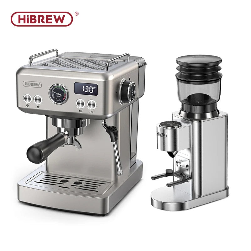 HiBREW espresso machine and grinder set, stainless steel finish with 58mm portafilter, 2-piece set