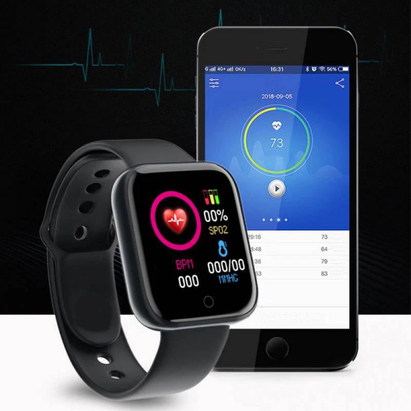 Smartwatch with black silicone band and square touchscreen, Bluetooth fitness monitor with music and sleep tracking beside a smartphone.