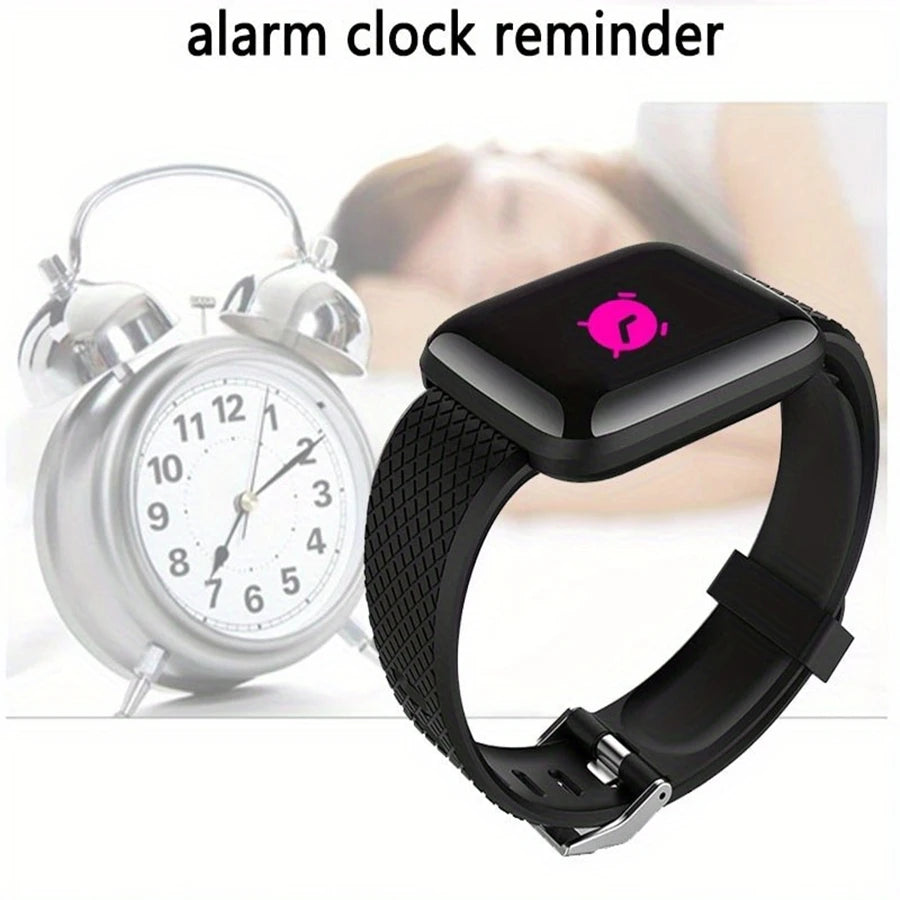 Smart Watch Fitness Tracker with black rectangular touchscreen display and silicone strap
