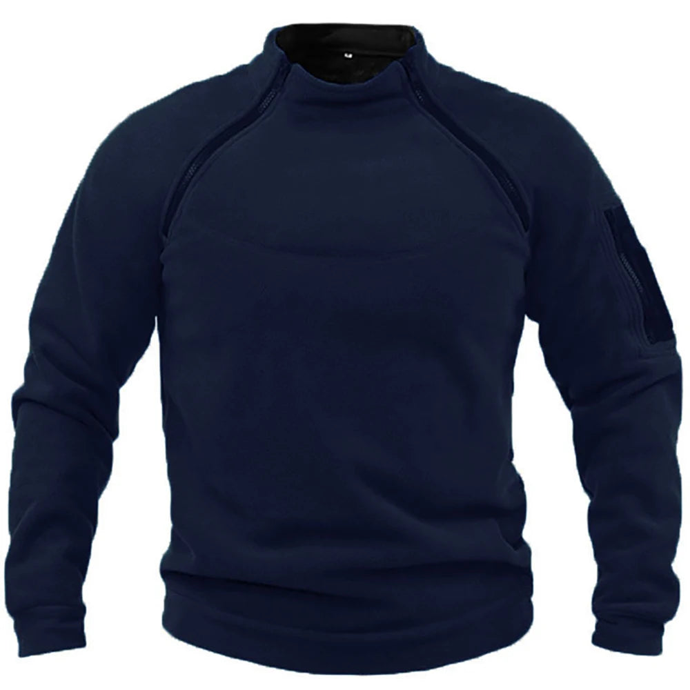 Men's tactical hoodie navy pullover, stand collar, long sleeves with zip pocket on left sleeve