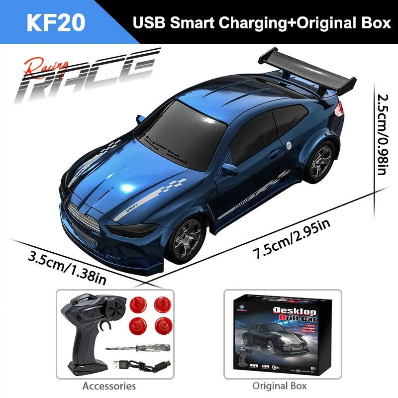 KF20 1/64 high-speed drift RC car blue with 2.4G 4WD remote, includes accessories and original box