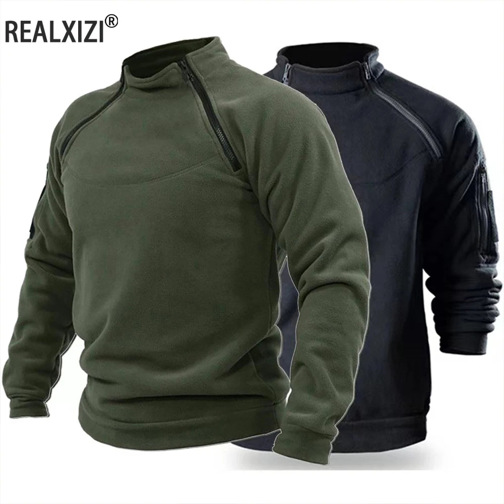 Men's tactical hoodies by REALXIZI, olive green and black, two hoodies, pullover, stand collar, long sleeves