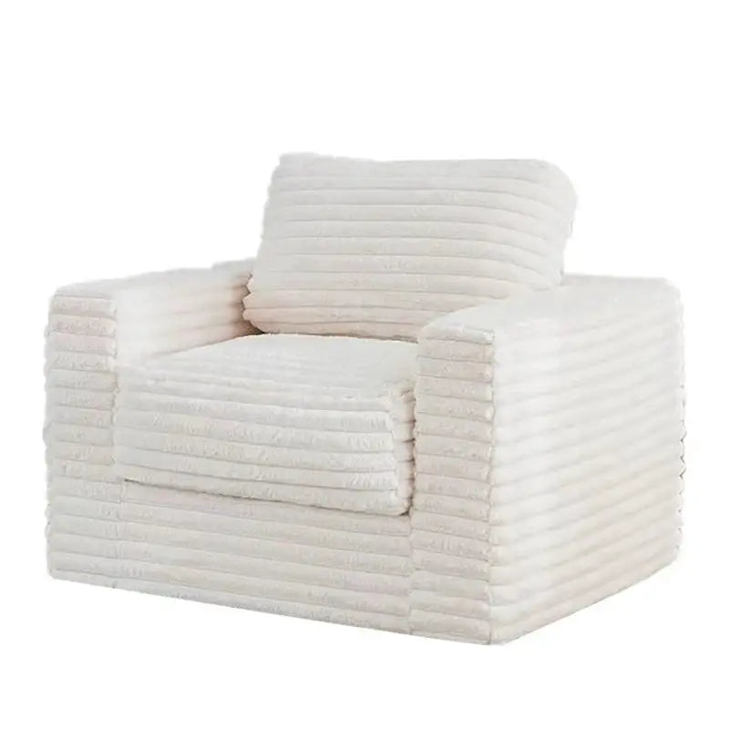Tufted Backrest Sofa Bed white armchair with ribbed fabric and square block arms.