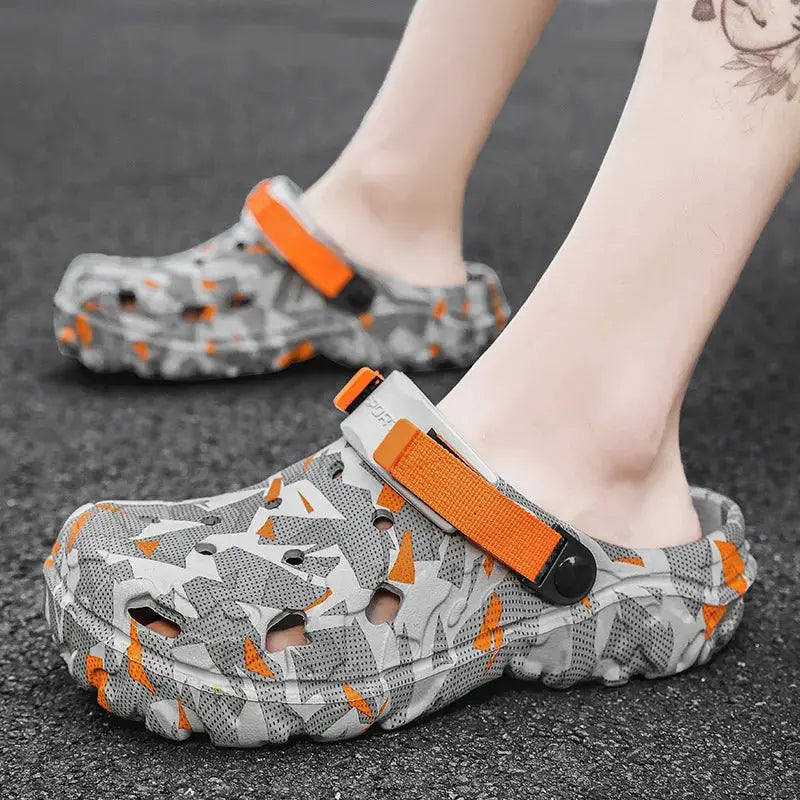 AuraFit Versatile Mens Clogs Slippers with orange strap and printed gray camouflage rubber sole